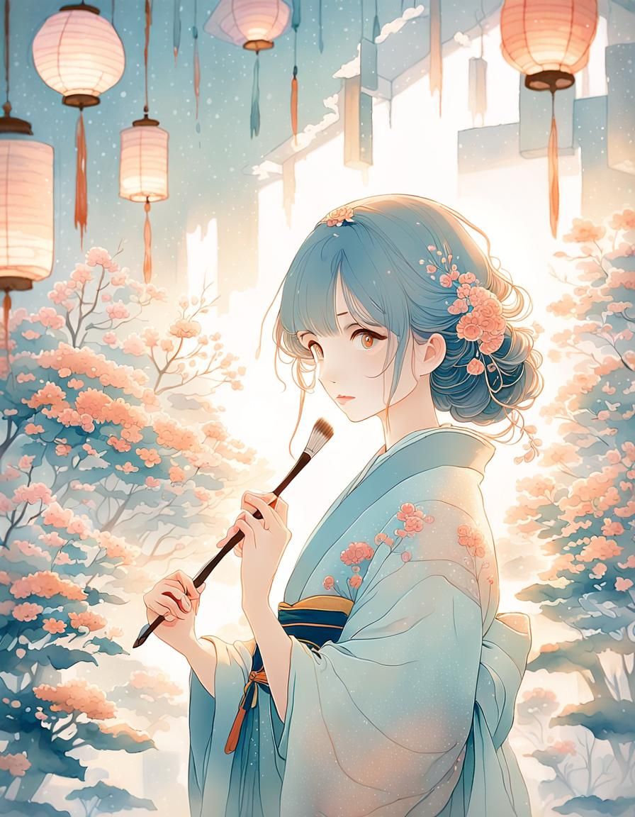 Pastel Anime Girl in Art Studio: Digital Art