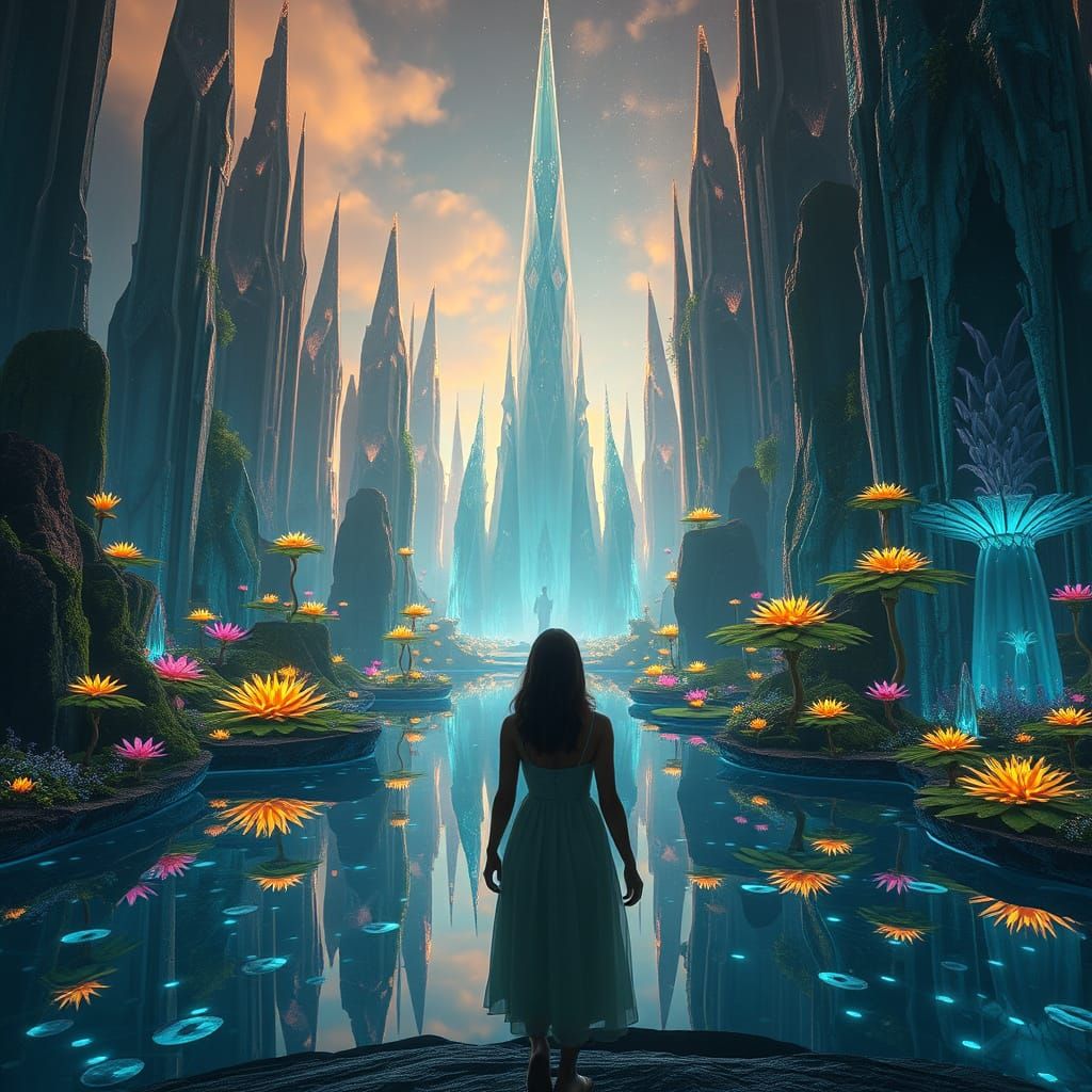 Bioluminescent Gardens and Crystal Towers, Hyper-Realistic L...