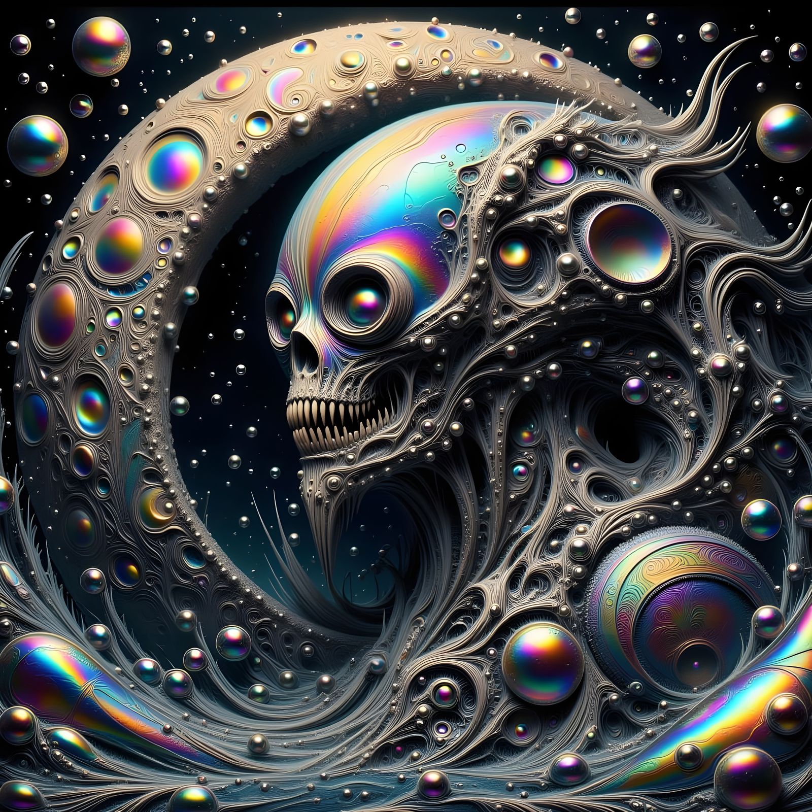 Steampunk Sea Monster Shimmers Under Crescent Moon