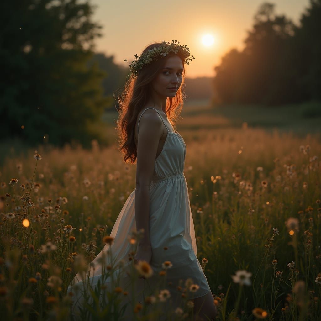 Slavic Woman in Moonlit Meadow Celebration