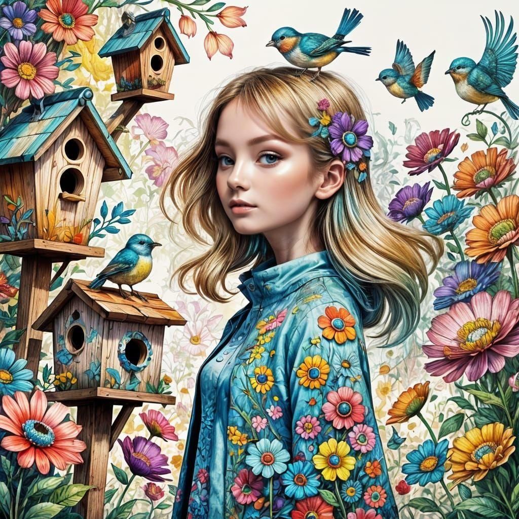 Psychedelic Garden Scene with Woman and Birdhouse