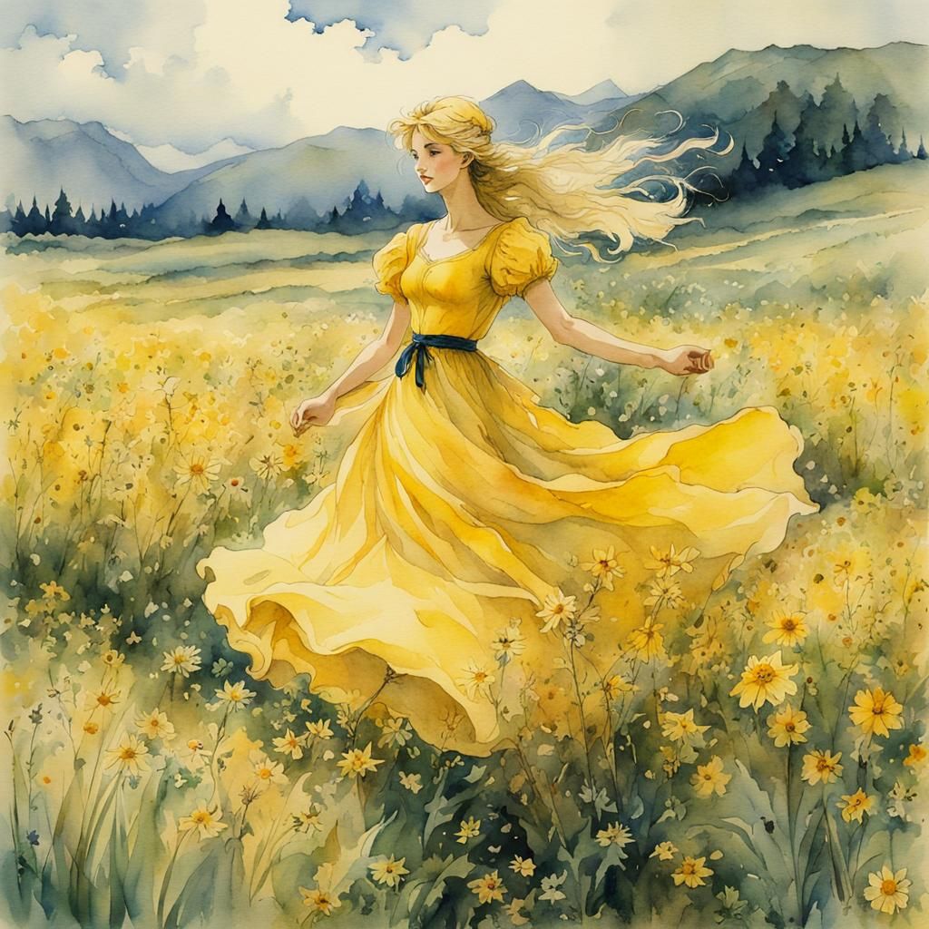Woman Dancing in Wildflower Field, Watercolor Style