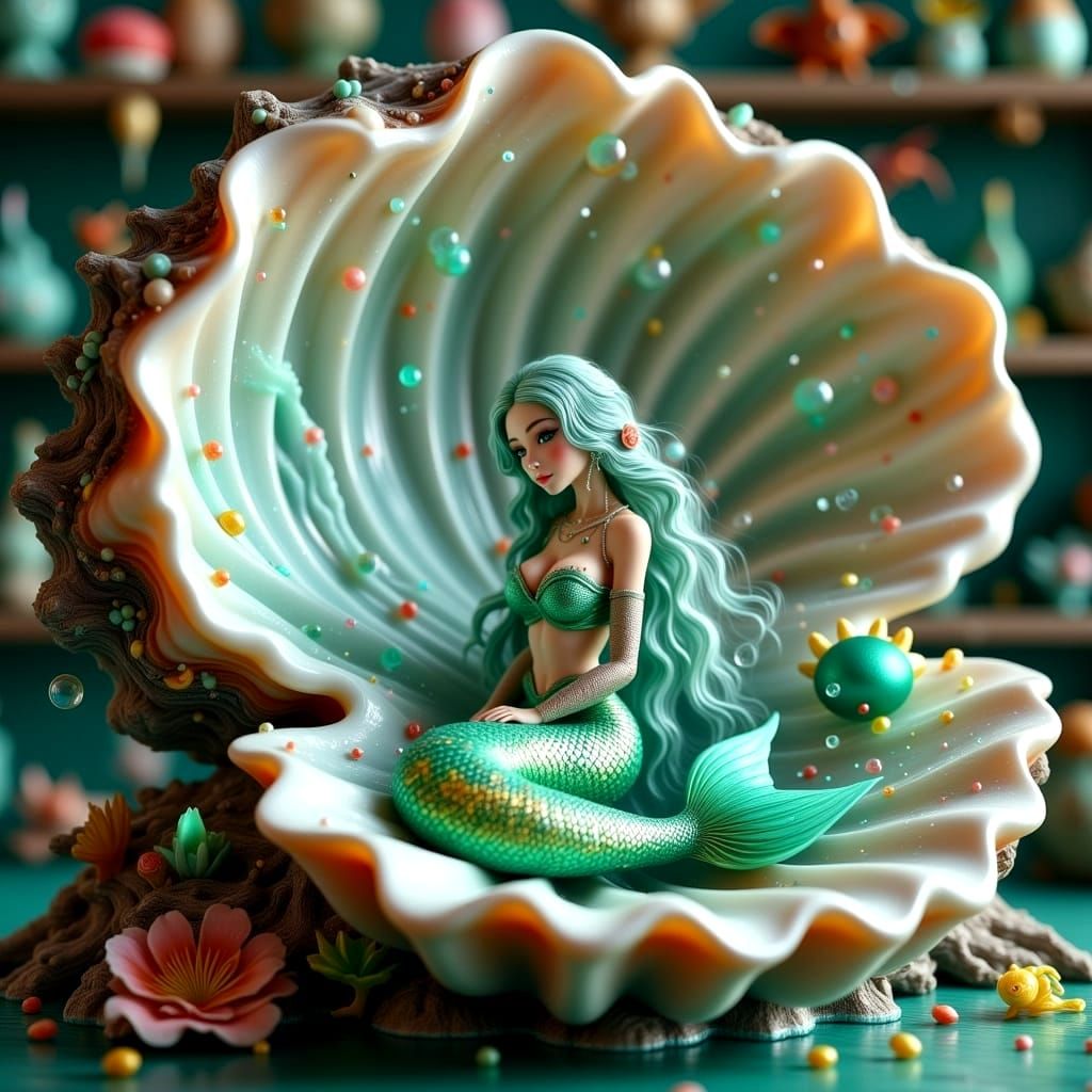 Hyperrealistic Mermaid in Pearl Shell Throne