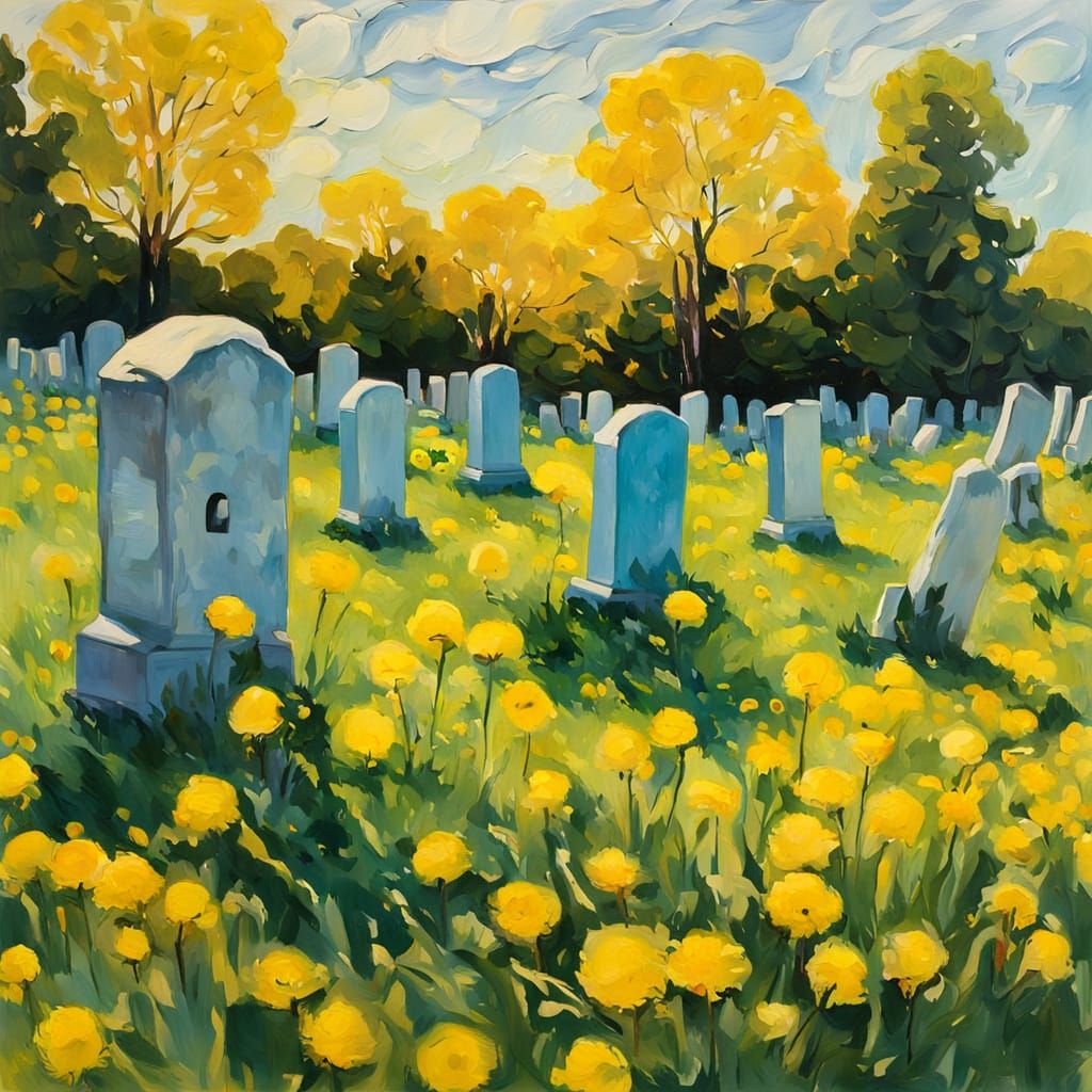 Dandelions Light Up Tombstones: Impressionist Gouache Painti...