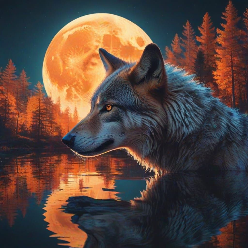 Wolf Portrait in Double Exposure Pop Art