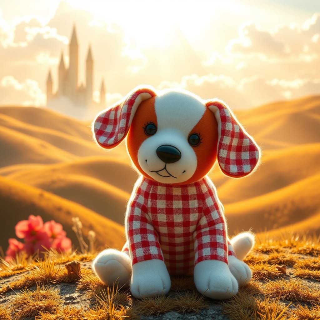 Whimsical Plush Dog in Dreamlike Landscape