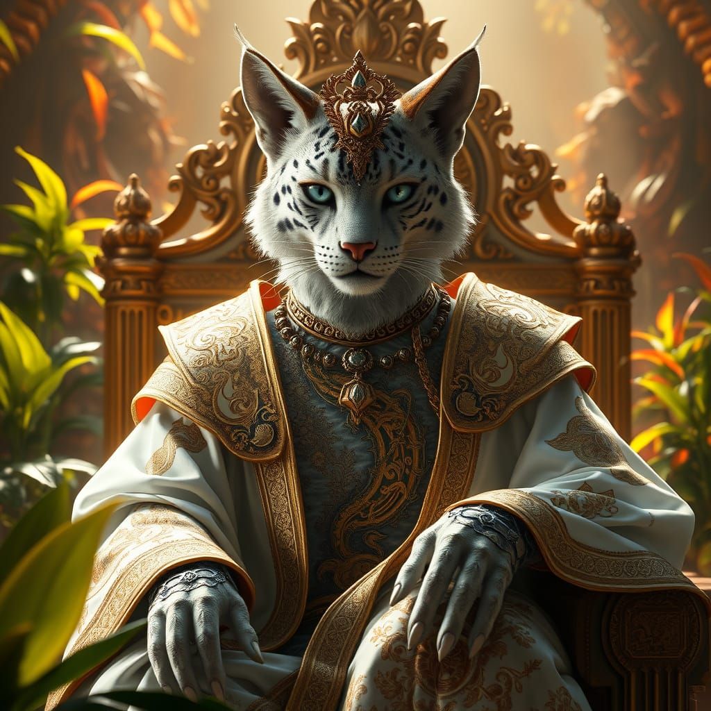 Regal Feline-Human Queen in Golden Robes with Mythical Patte...