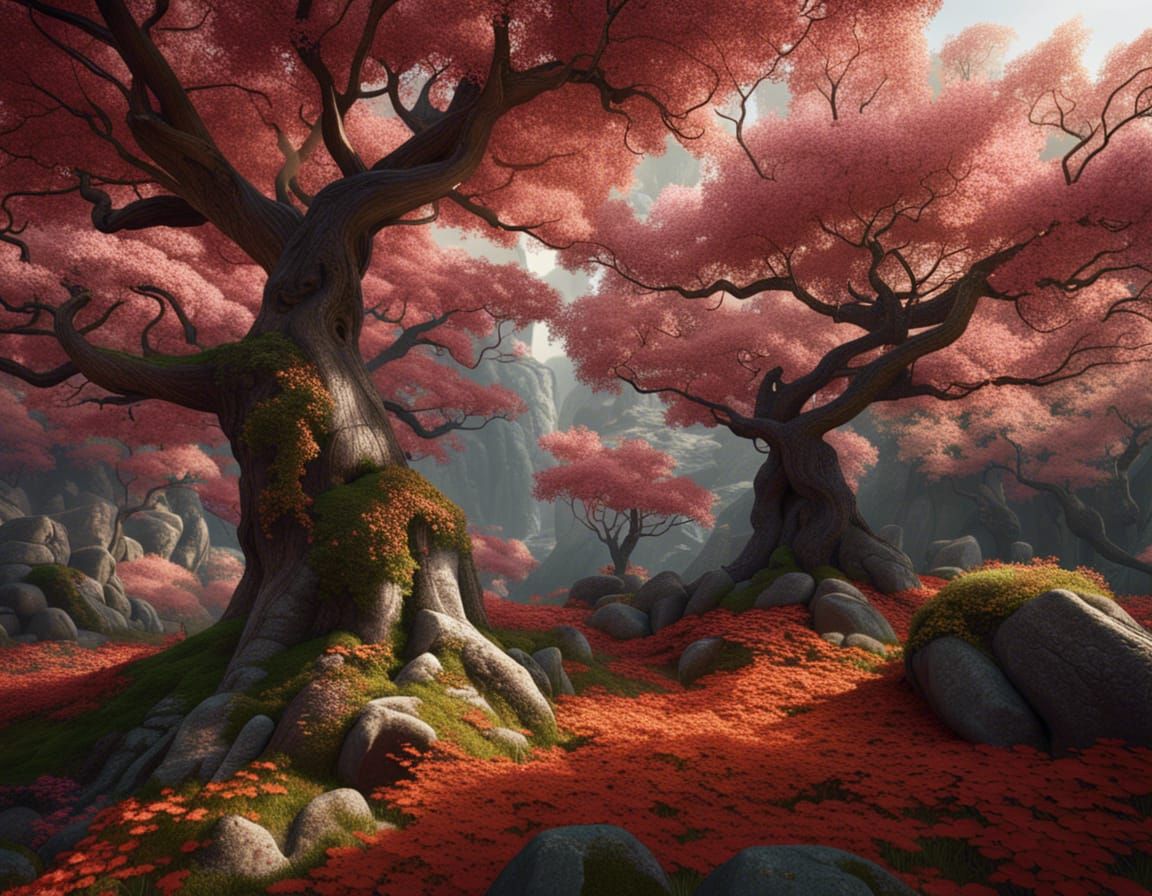 Dogwood Trees in Autumn Forest: Fantasy Concept Art