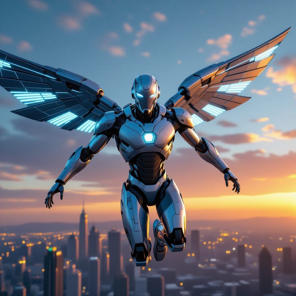 Futuristic Robot Soaring Over Cityscape at Dusk