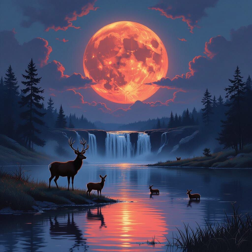Crimson Moon Over Placid Lake with Deer and Waterfall