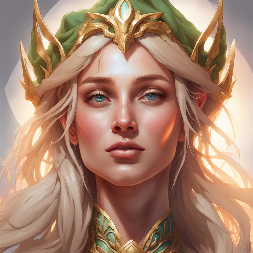 Happy Blonde Elf Queen Portrait in Hyperdetailed Style