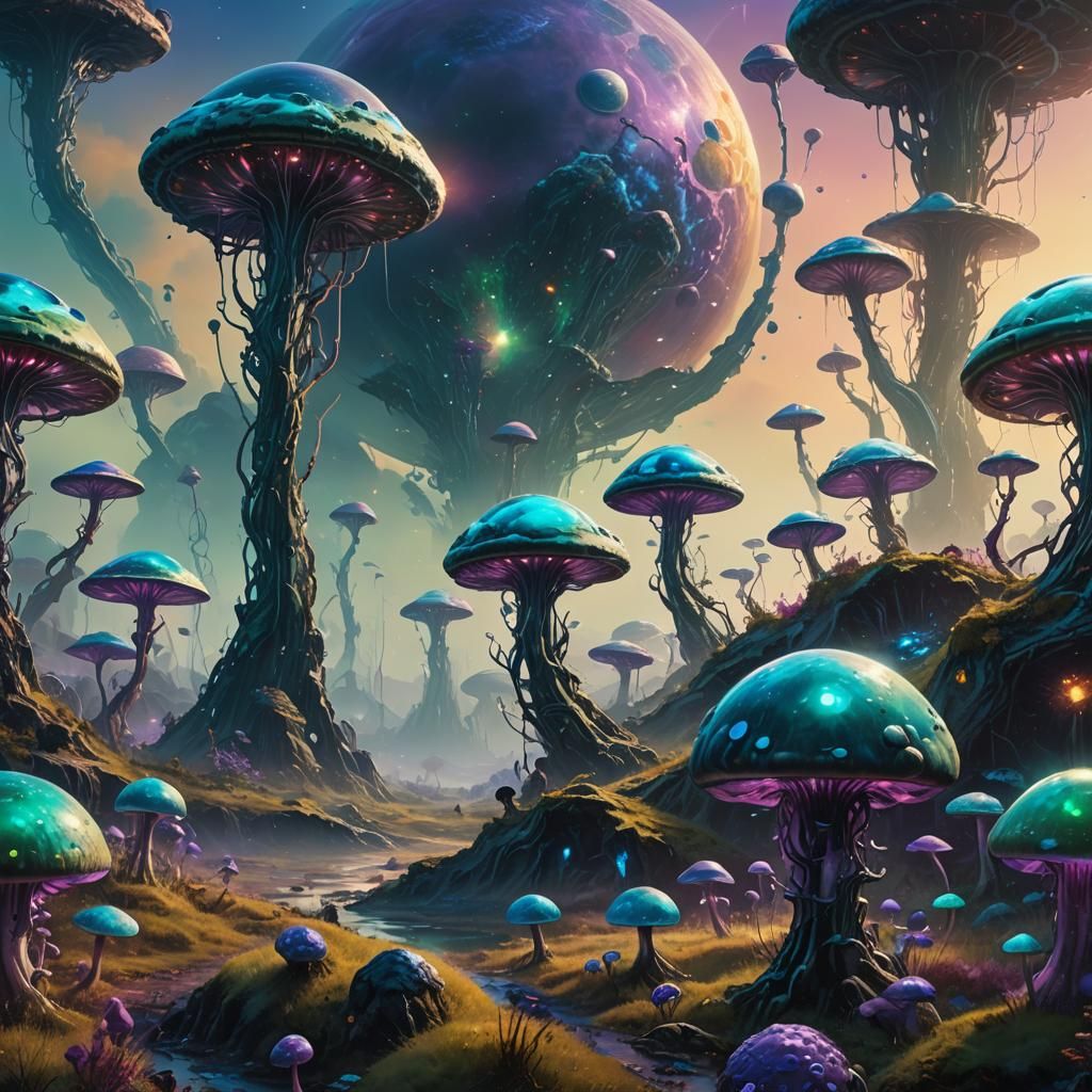 Surreal Alien Planet with Bioluminescent Mushrooms