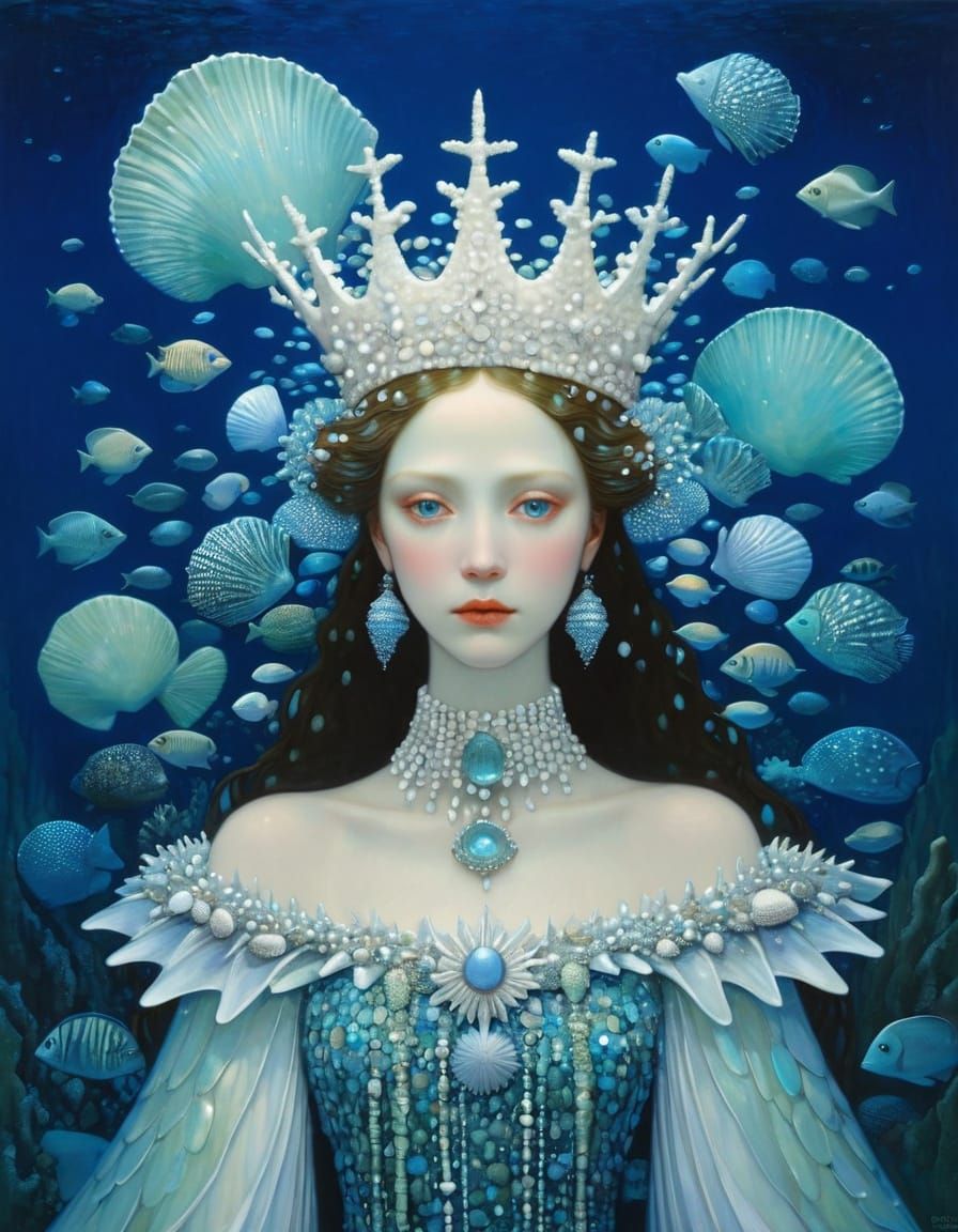 Fish-Woman Portrait with Barnacle Crown by Klimt and Moebius...