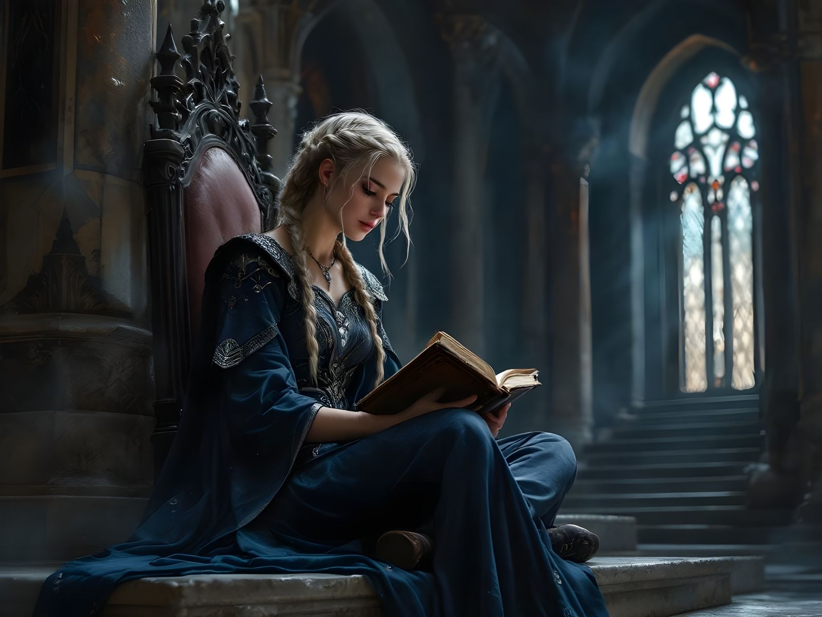 Norse Goddess Reading Beside Empty Throne