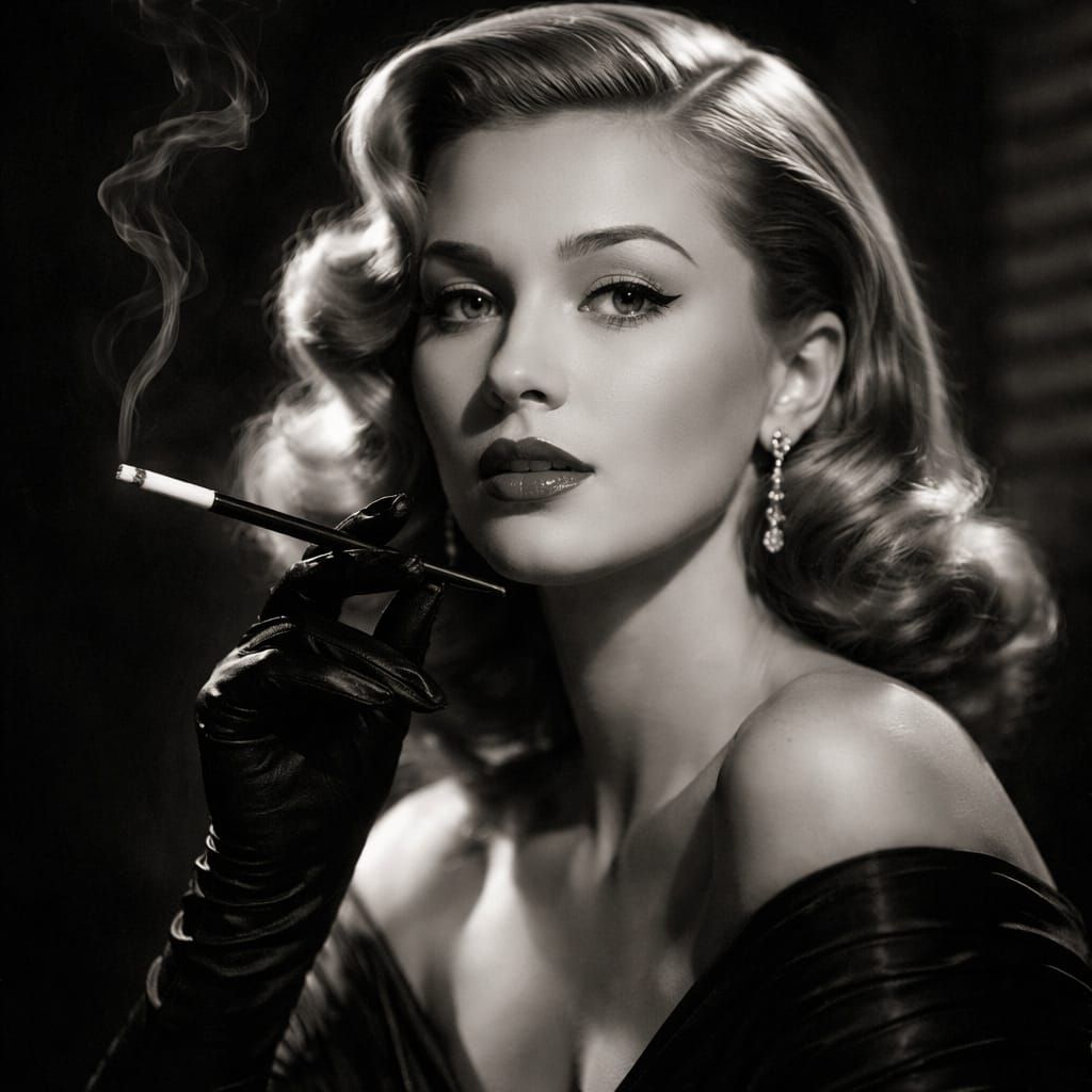 1940s Noir Actress in Dramatic Black and White Portrait