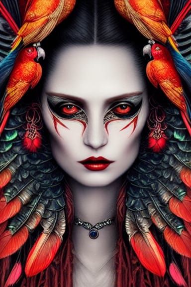 Queen of Dracula Parrots in Hyperrealistic Style