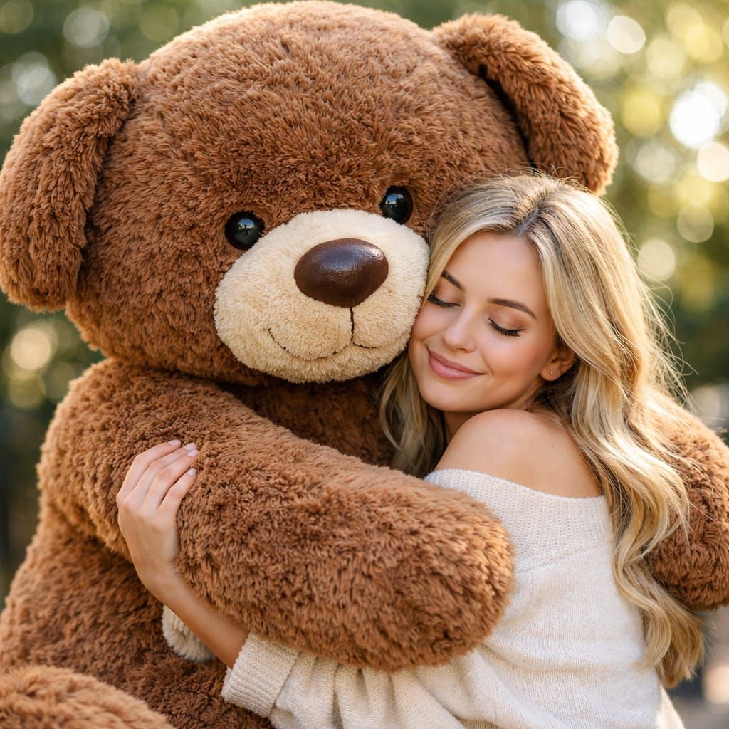 Blonde Girl Hugs Giant Teddy Bear in Soft Natural Light