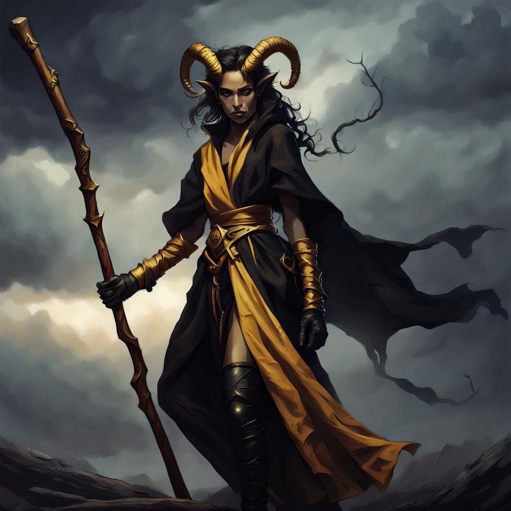 Tiefling Huntress in Stormy Fantasy Landscape