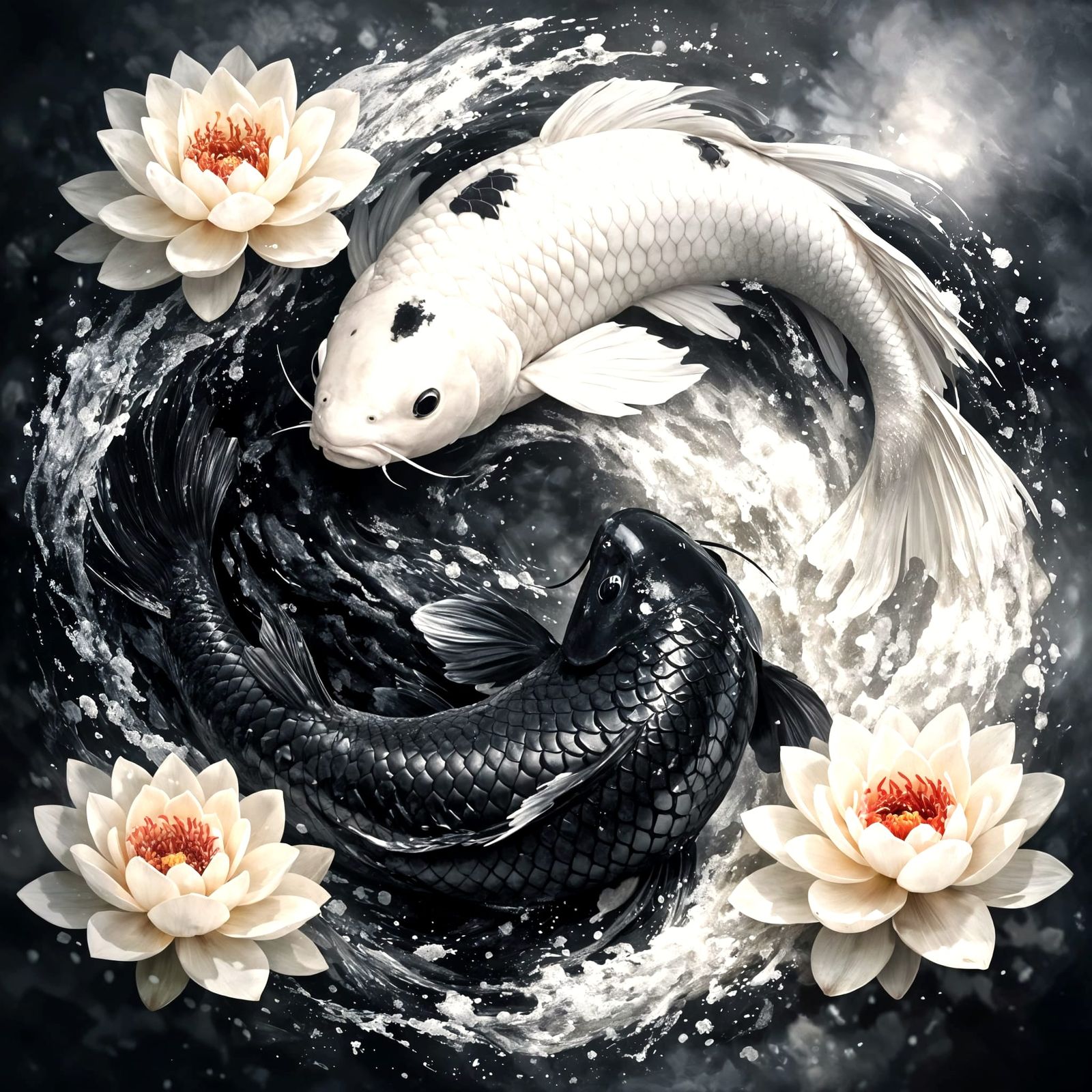 Surreal Yin-Yang Koi & Lotus in 3D Photorealistic Style