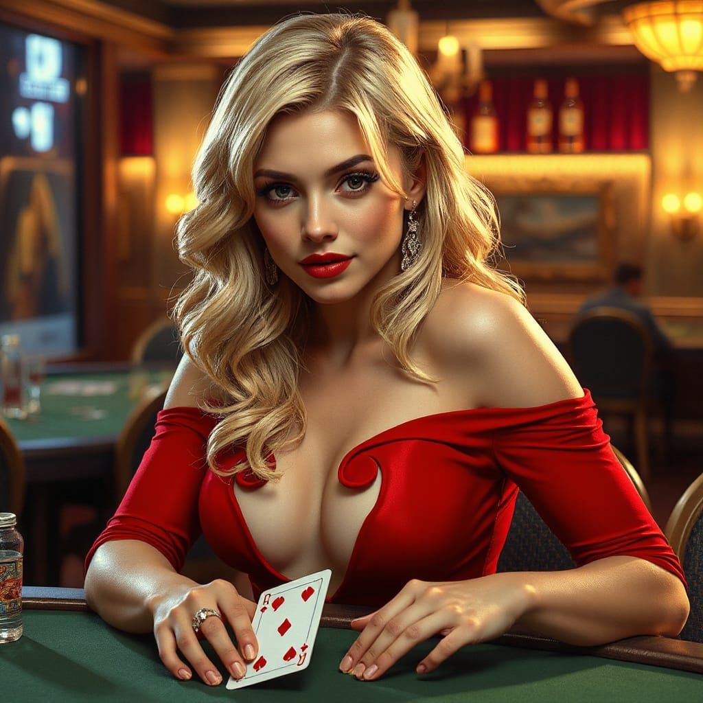 Blonde Poker Dealer in Red Dress: Hyperrealistic Digital Art