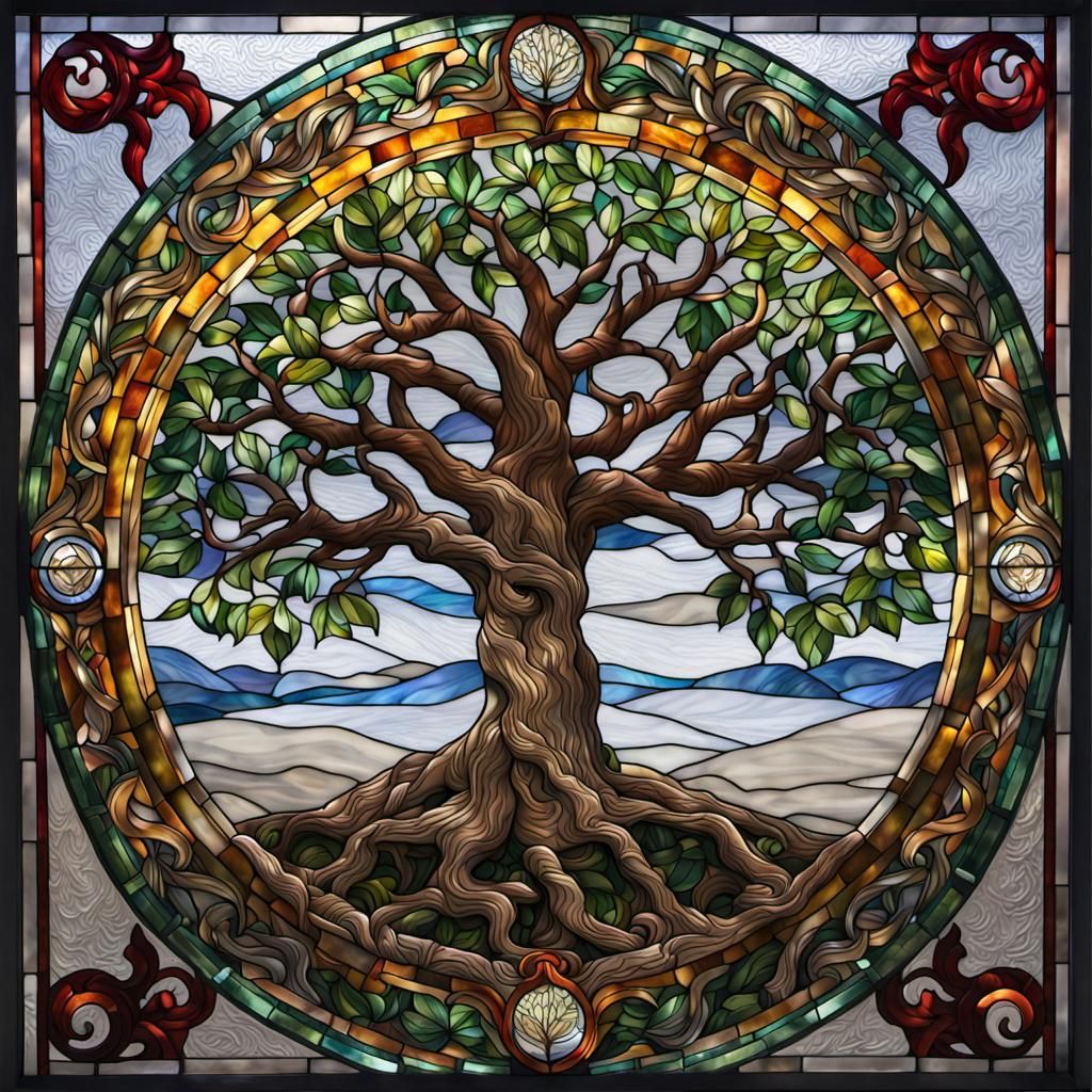 Tree of Life Stained Glass in Hyperrealistic Detail