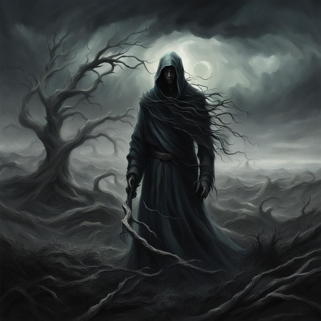 Dark Romanticism Portrait: Ghostly Figure in Storm