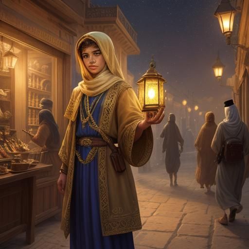 Ornate Lantern Reveals Desert Sunset: Oil Painting