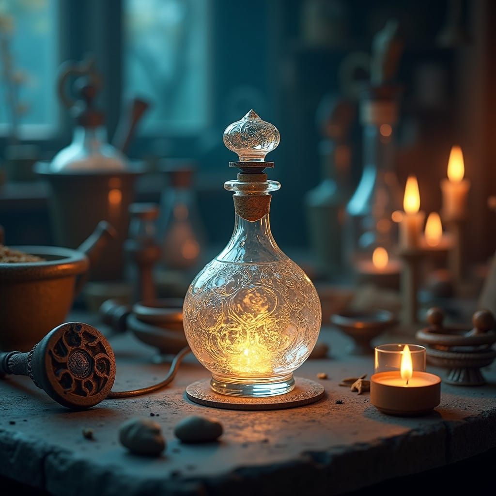 Ethereal Perfume Bottle in Whimsical Apothecary Scene