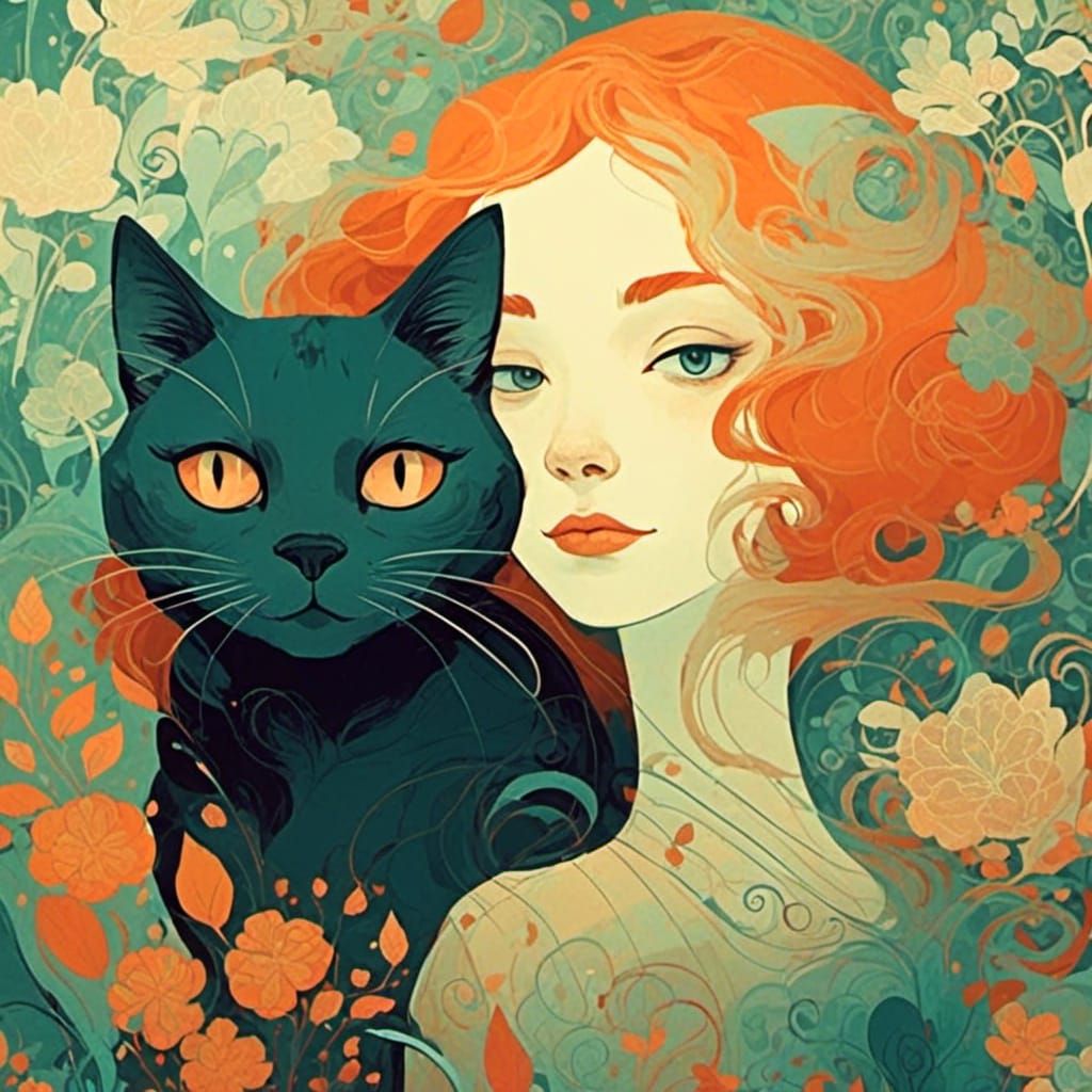 Woman and Cat in Illustrative Fairytale Style