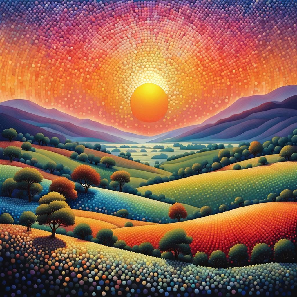 Pointillist Landscape of a Sunset Countryside