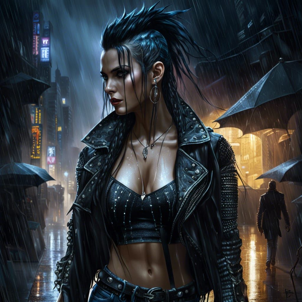 Punk Woman in Rainy City, Digital Art