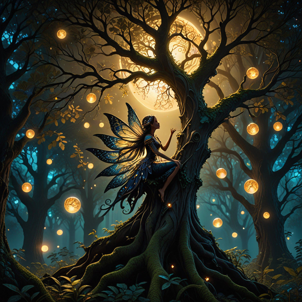 Ethereal Dark Fairy in Vibrant Moonlit Forest
