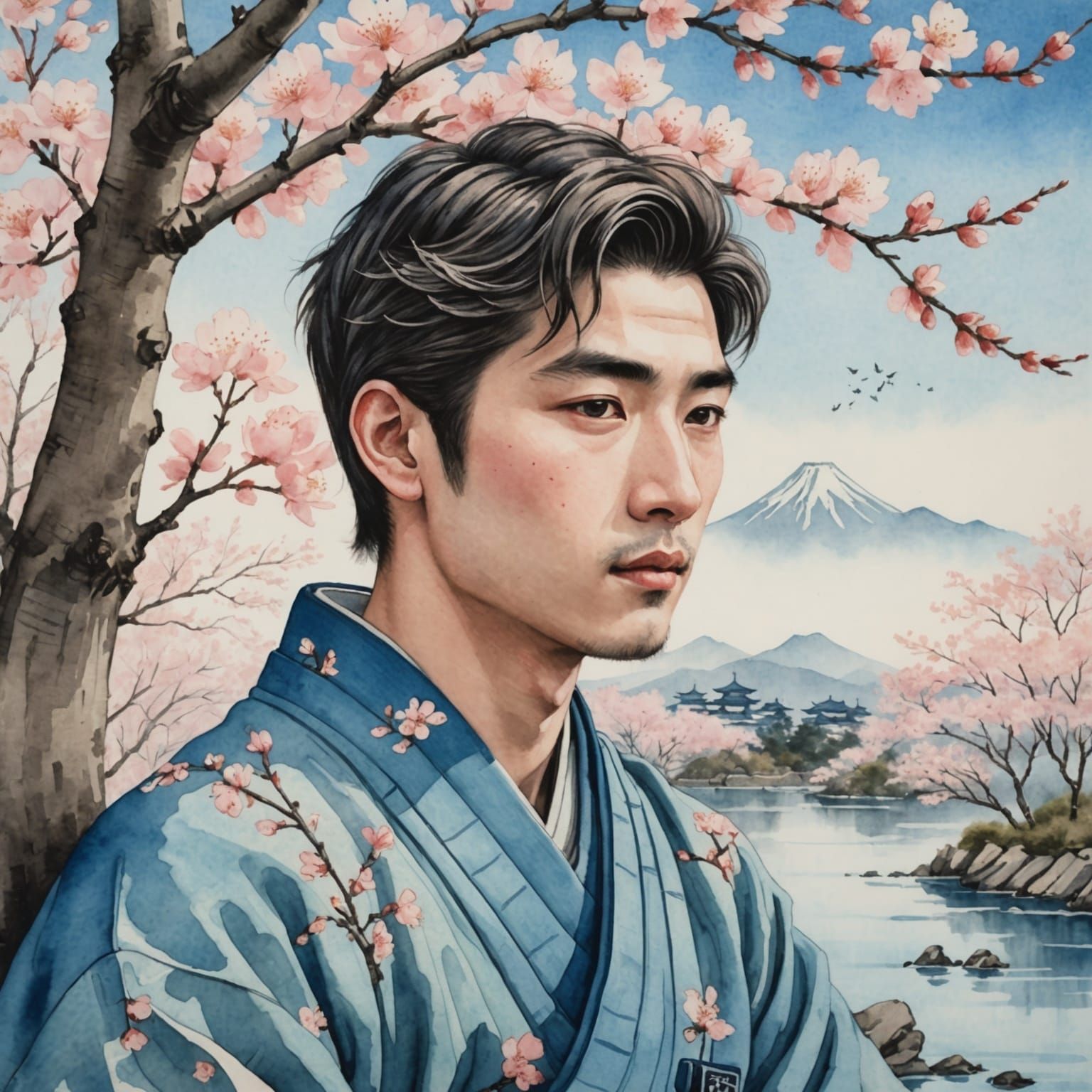 Ukiyo-e Watercolour Portrait of a Man with Blossoms