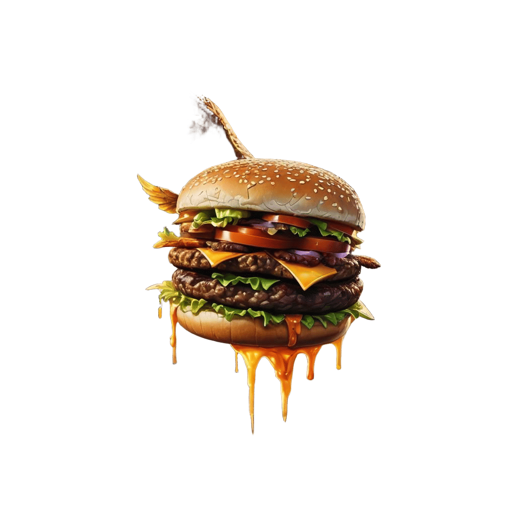 Winged Hamburger Soaring Over City, Digital Art