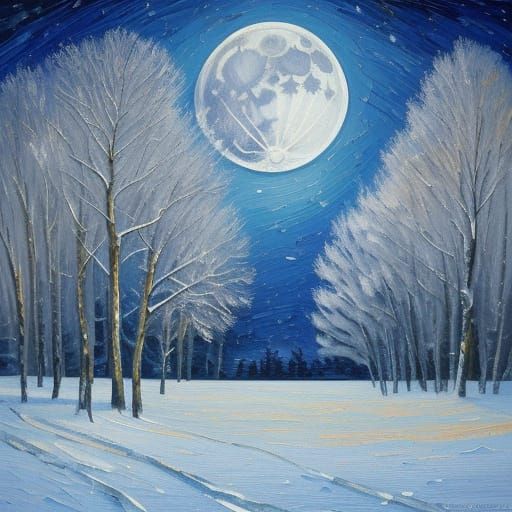 Expressionist Snowfall Under Full Moon