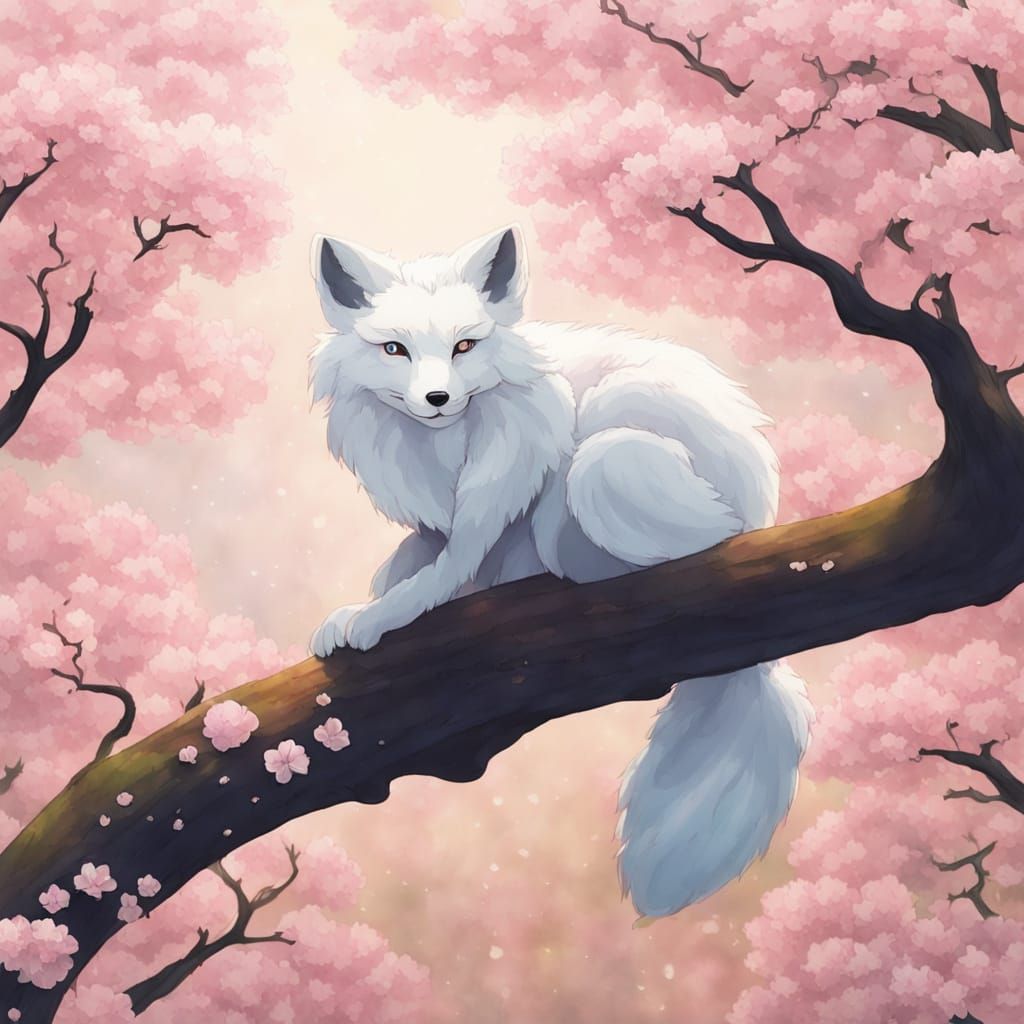 Whimsical Cherry Blossom Forest Scene with a Tiny Fox