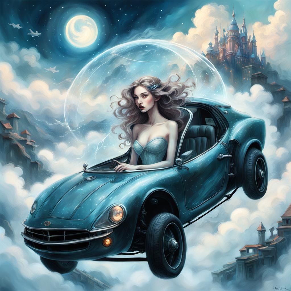 Girl in Flying Car: Ethereal Mixed Media Art