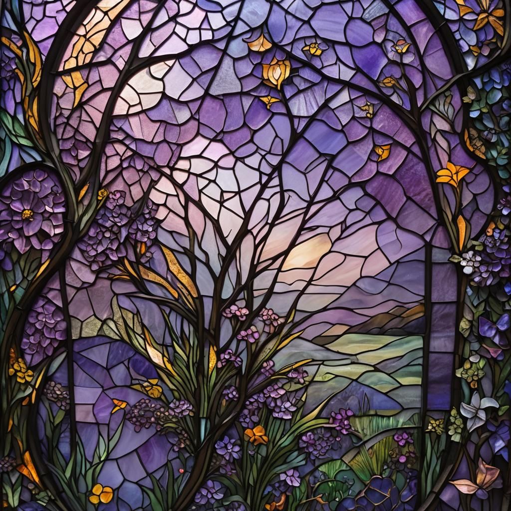 Violet Evening Mist Over the Moor: Intricately Detailed Stai...