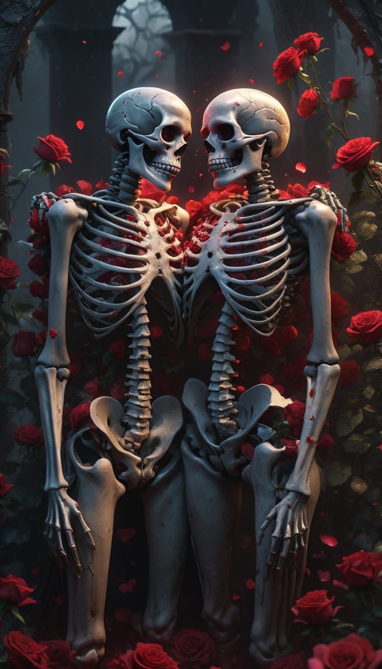 Skeleton Couple's Dark Fantasy Embrace in Gothic Art