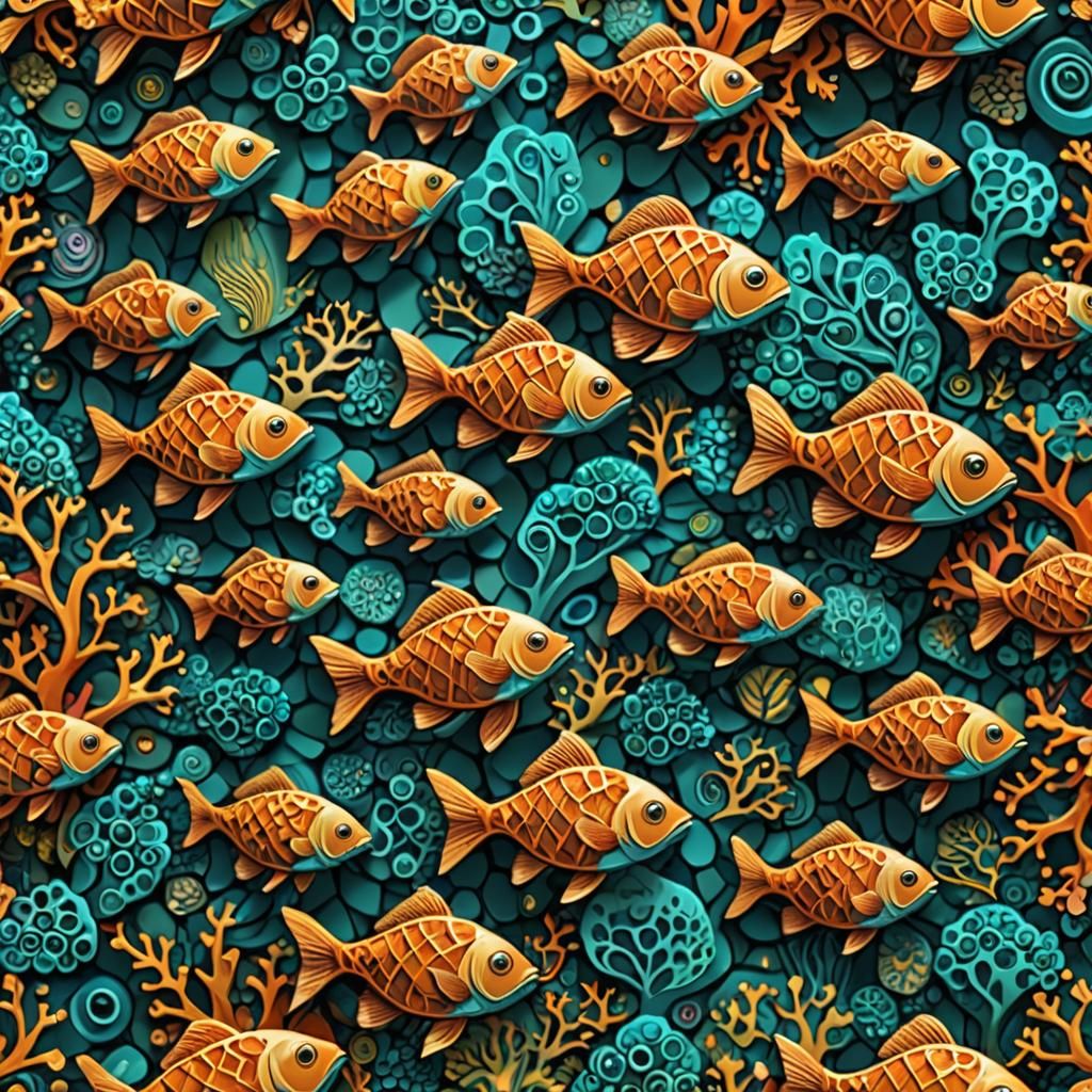 Vibrant Fractal Fish and Coral Abstract Expressionism