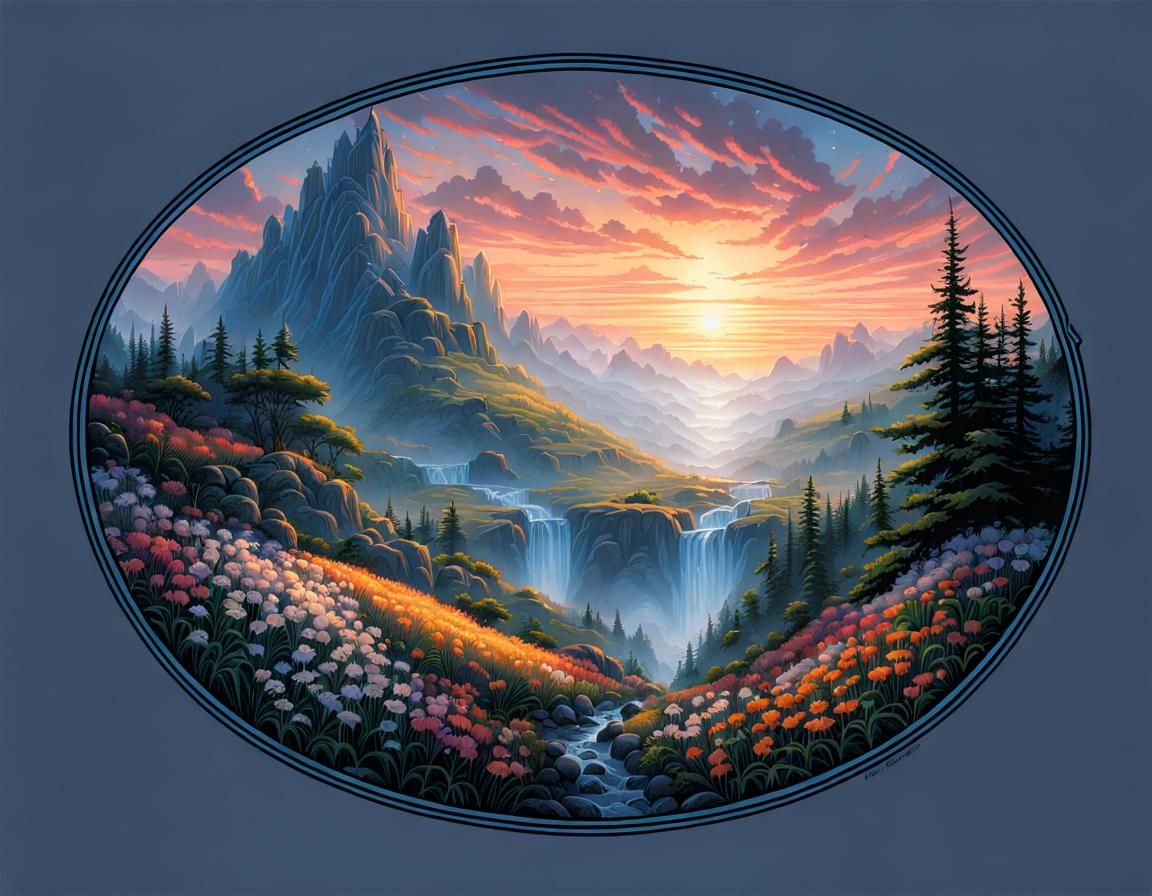 Misty Mountain Landscape with Wildflowers and Waterfalls