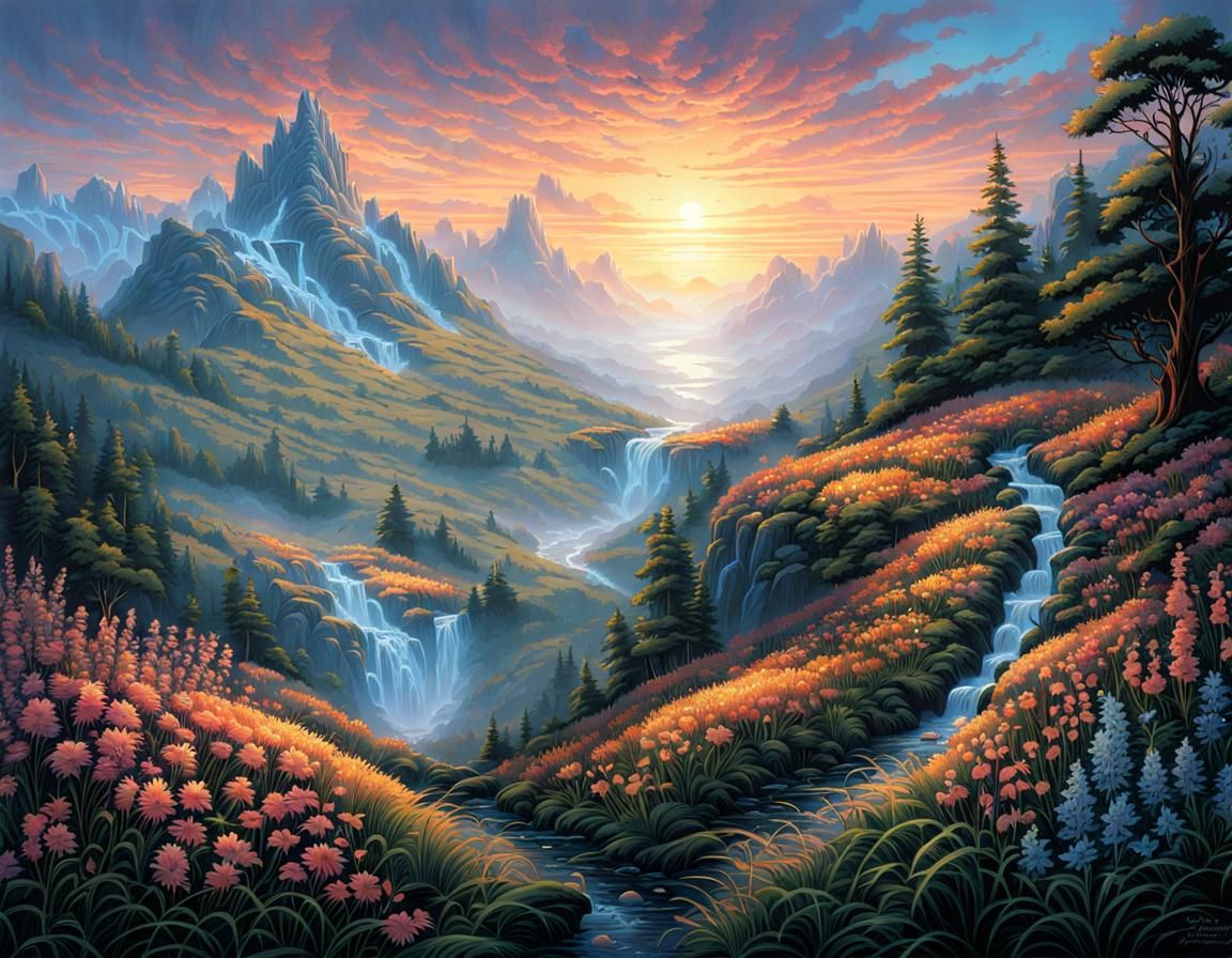 Misty Mountain Landscape with Wildflowers and Waterfalls