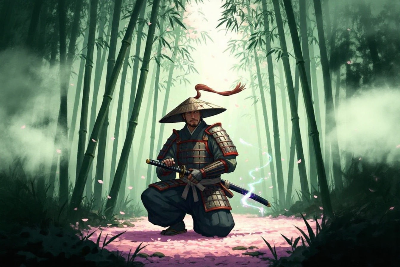 Samurai in Bamboo Forest with Magical Katana