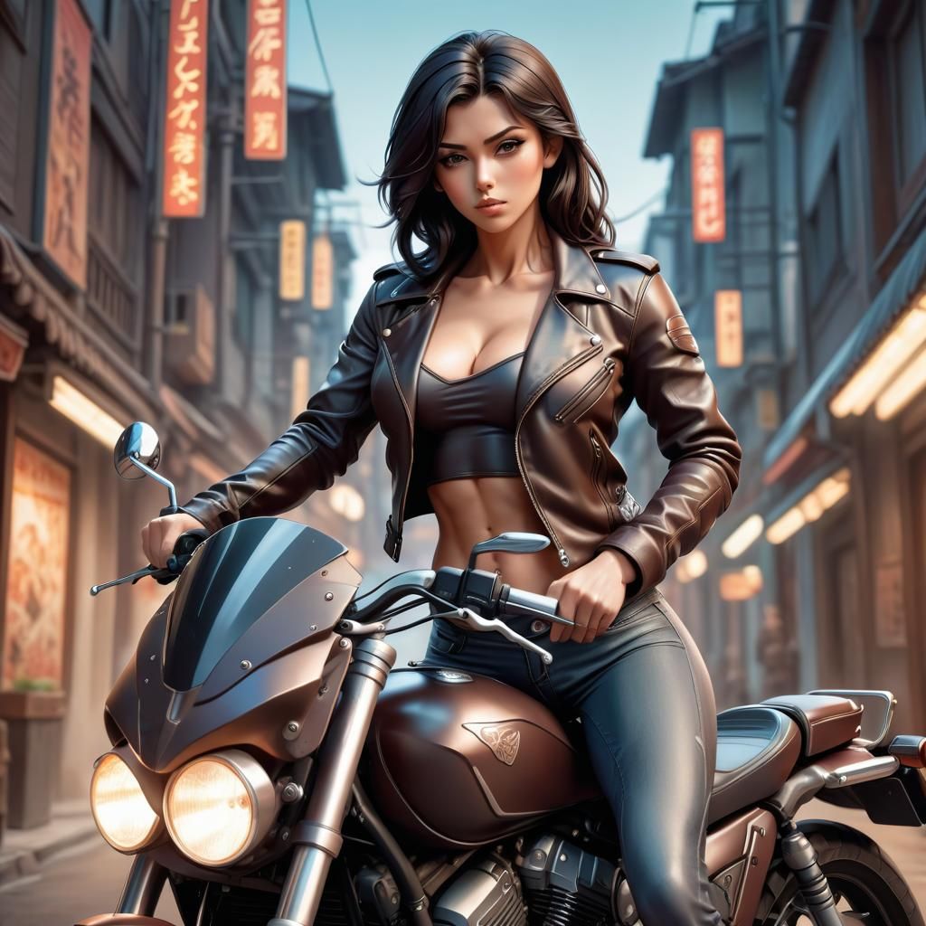 Alluring Biker Woman in Anime Style