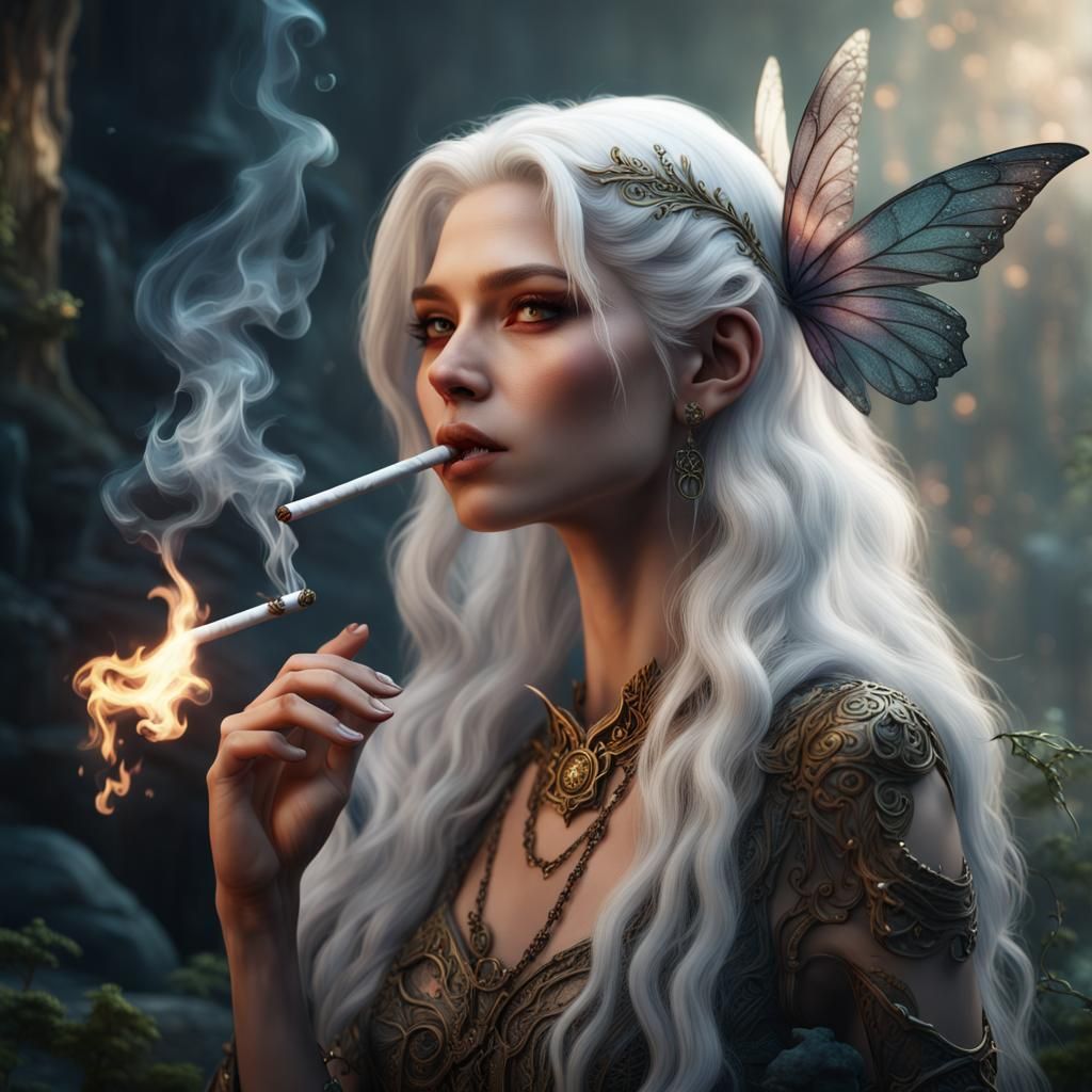 Fantasy Fairy Smoking a Cigarette in Matte Painting Style