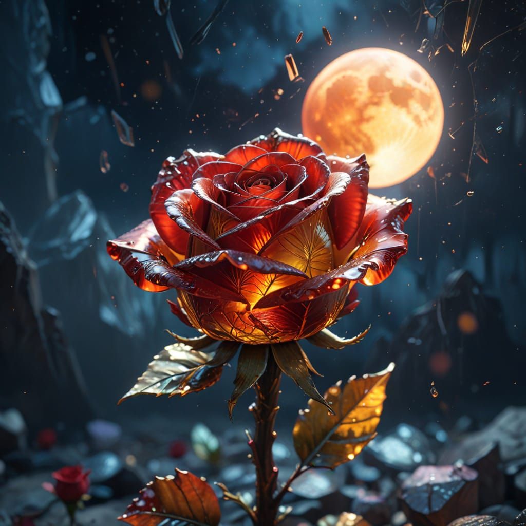 Neo-Impressionist Glass Rose Under Full Moon