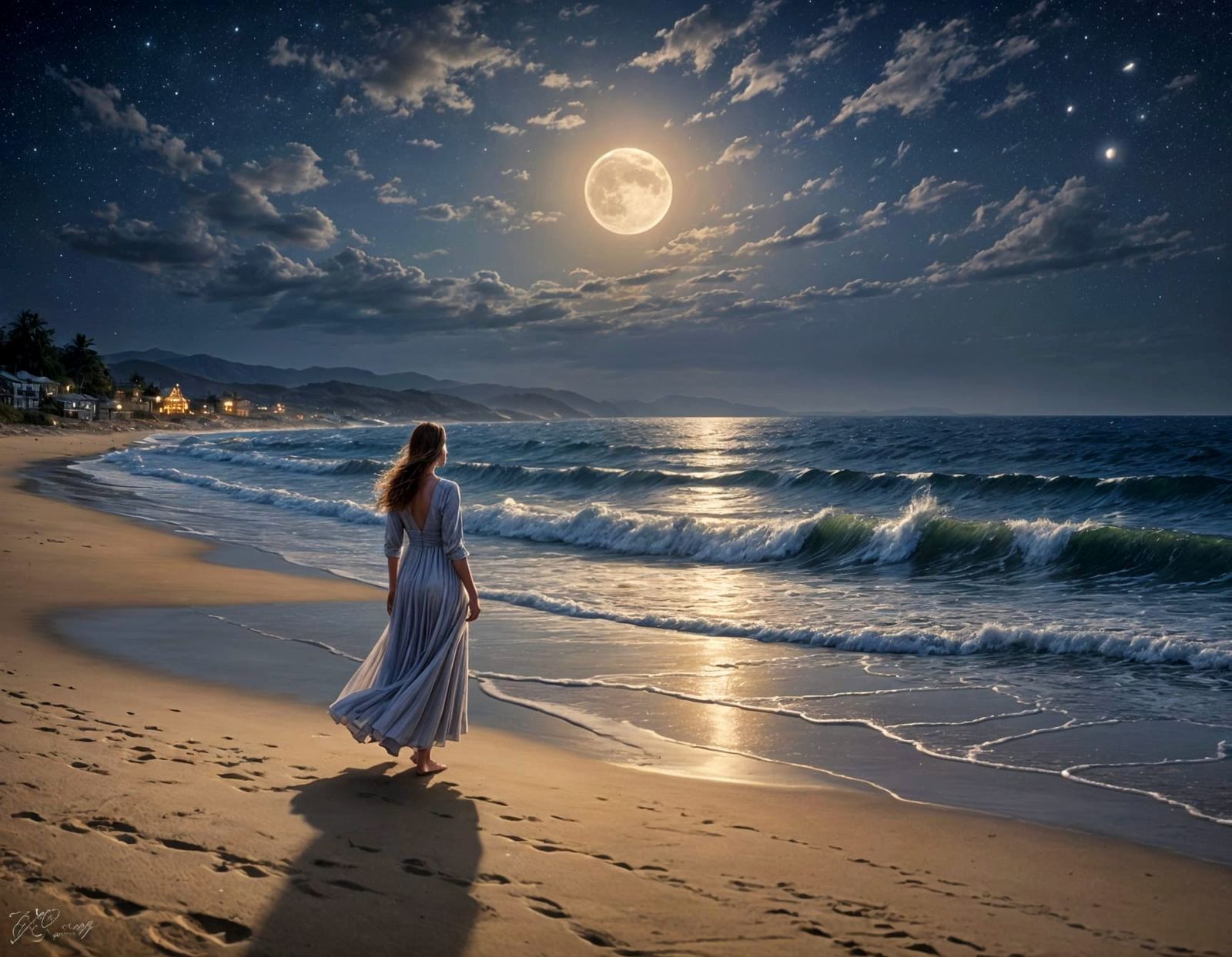 Moonlit Beach at Night with Breaking Surf