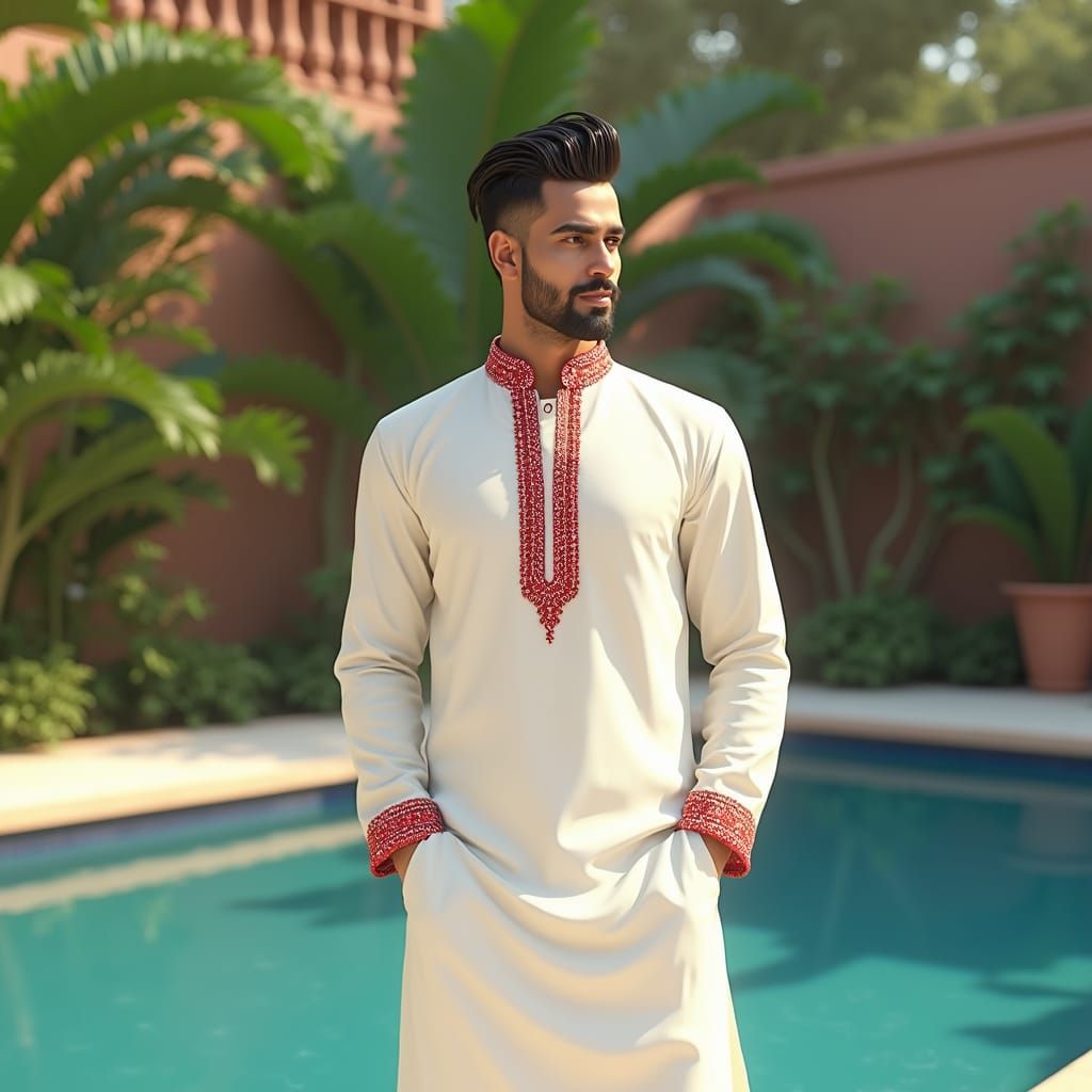 Confident Gentleman Surrounded by Vibrant Fantasy Landscape