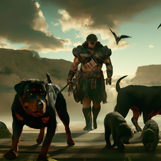 Rottweiler Leads Dog Pack in Dark Fantasy Battle