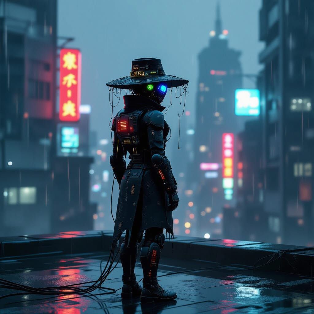 Cyberpunk Automaton on Rainy Rooftop